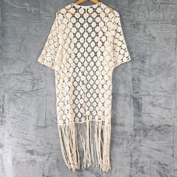 Womens Kimono Medium Crochet Fringe Boho Cottagecore Hippie Country Western - Picture 7 of 7